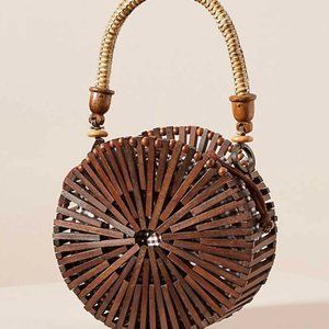 Anthropologie Wicker Woven Beaded Top Handle Round Handbag